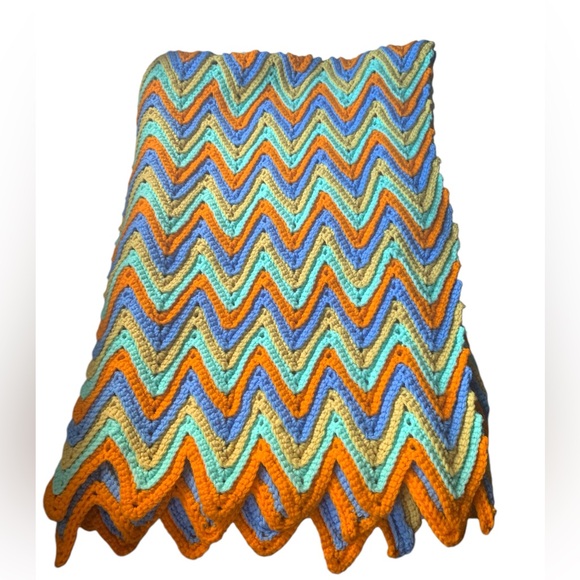 NEW Handmade Chevron Afghan Blanket Bright Colors Orange Light Blue Gold Yellow